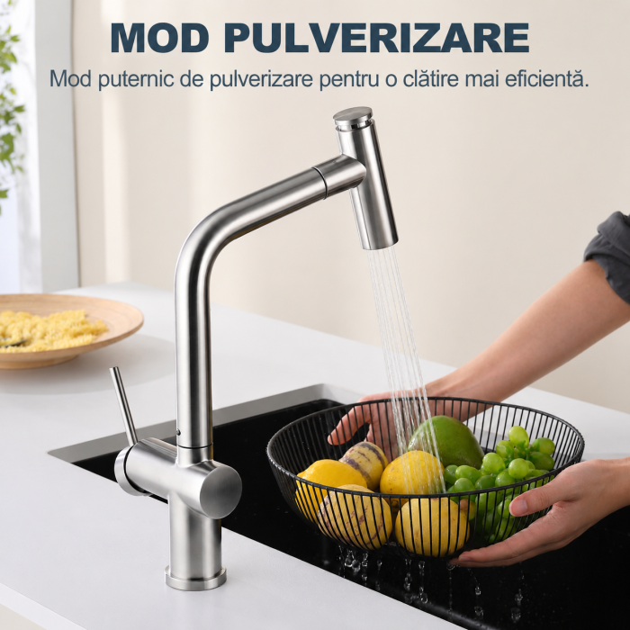 AM316 - Baterie pentru Chiuveta Bucatarie Extractabila, Inox Premium SUS304, Anti-rugina, Anti-exfoliere, cap dus extractabil, Pipa inalta si Rotire 360°, 2 Moduri Jet, Monocomanda, de calitate [7]