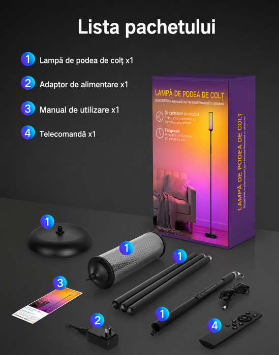Lampa smart LED de podea RGBICW cu Abajur Dublu, Negru [9]