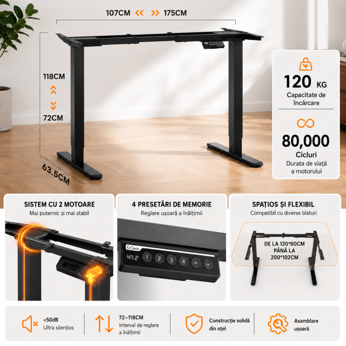 Cadru Birou Electric ErGear® 107-175 CM, Negru [2]