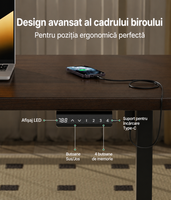 Cadru Birou Reglabil Electric Dual Motor, 150Kg, 2 Memorii, Inaltime 71-118cm, Latime Ajustabila 100-145cm [3]