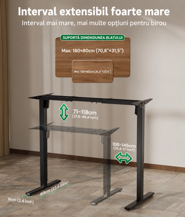 Cadru Birou Reglabil Electric Dual Motor, 150Kg, 2 Memorii, Inaltime 71-118cm, Latime Ajustabila 100-145cm [2]