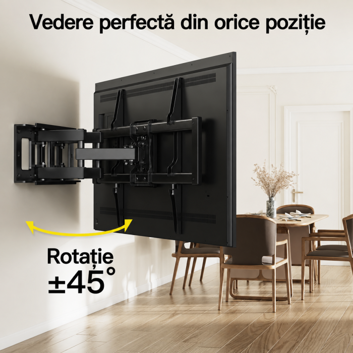 Pachet Suport TV de perete, pentru televizor 37–80 inch, compatibil vesa pana la 600x400, functie inclinare, retractare, rotire si nivelare, montaj rapid cu blocare automata si Prelungitor 3000 W de 5 metri lungime [3]
