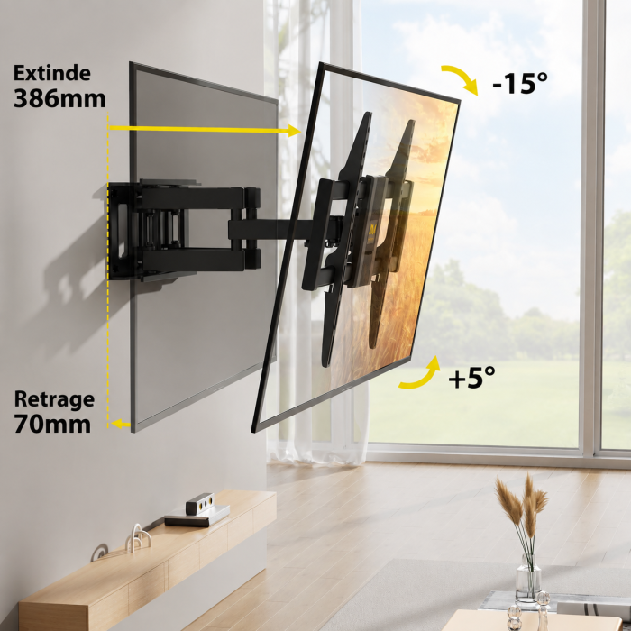 Pachet Suport TV de perete, pentru televizor 37–80 inch, compatibil vesa pana la 600x400, functie inclinare, retractare, rotire si nivelare, montaj rapid cu blocare automata si Prelungitor 3000 W de 5 metri lungime [4]