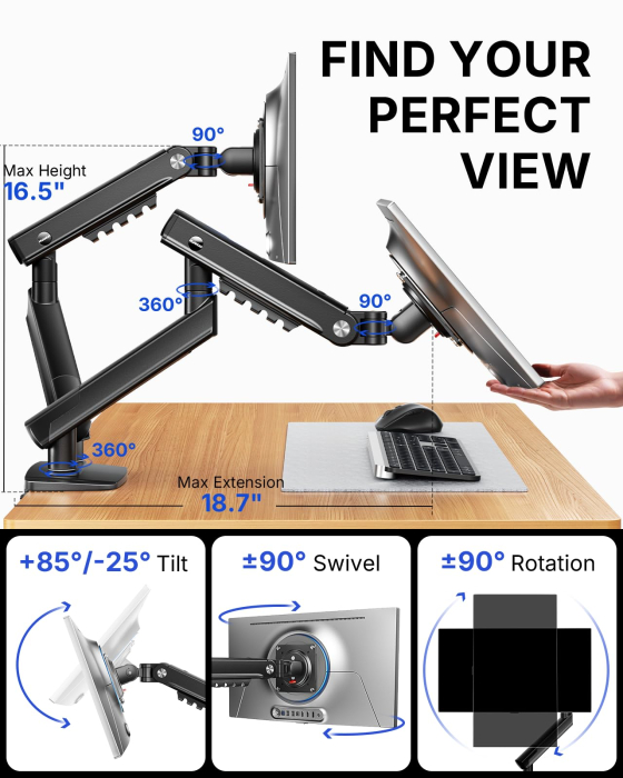 Pachet Suport HUANUO® pentru 2 monitoare de 13-32 Inch Negru si Prelungitor 3000 W 5m [3]