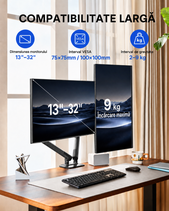 Pachet Suport HUANUO® pentru 2 monitoare de 13-32 Inch Negru si Prelungitor 3000 W 5m [2]