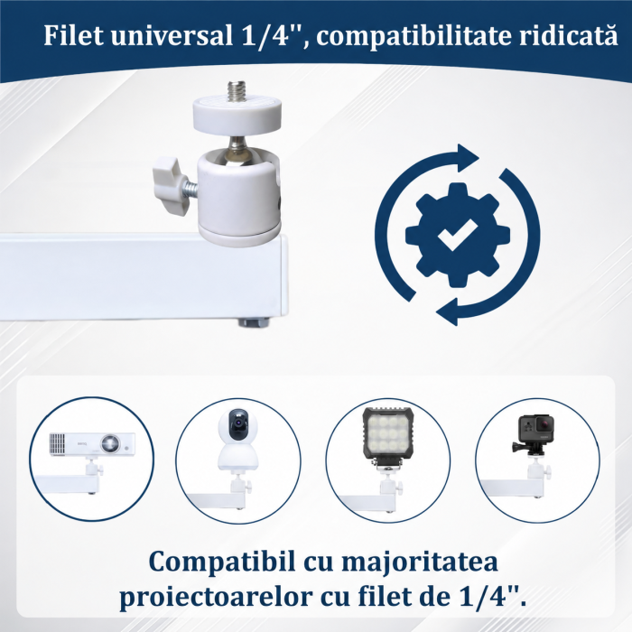 Suport Proiector Perete Reglabil 20-40 cm, Rotatie 360°, Filet 1/4 inch, Alb [6]