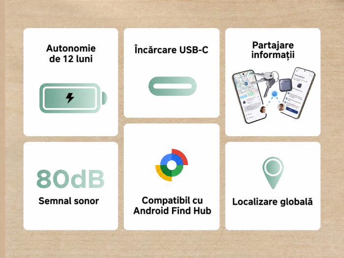 Set 4 Trackere Bluetooth Android, Google Find Hub, USB-C, Autonomie pana la 12 Luni [9]