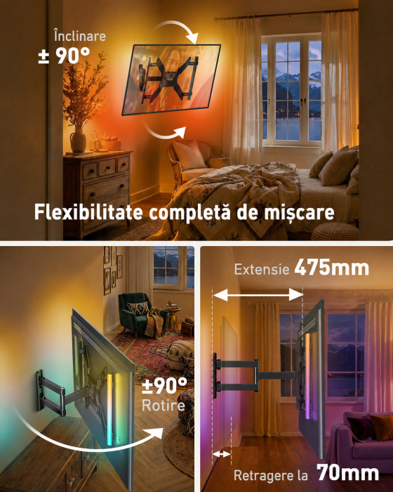 Suport TV 25-65 inch LED RGB, Brat Articulat, VESA 400x400, 45 kg + Cutter [4]
