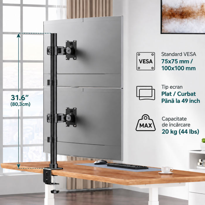Suport 2 Monitoare 17-49 inch, Vertical, 20 kg/Brat, VESA [5]