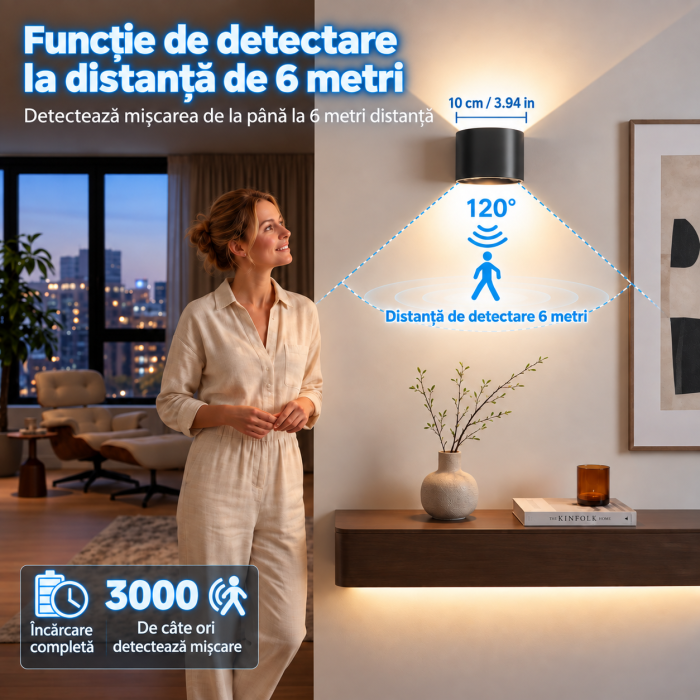 Set 2 Lampi LED Perete, Senzor Miscare, 5400 mAh, Telecomanda [5]