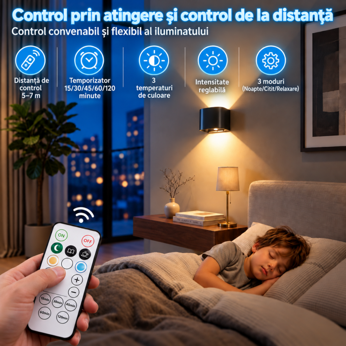Set 2 Lampi LED Perete, Senzor Miscare, 5400 mAh, Telecomanda [6]