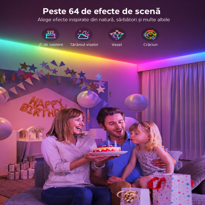 Banda LED RGBIC GOVEE® 20 m, control pe segmente, 16 milioane culori, sincronizare muzica, 64 moduri scena, aplicatie Bluetooth, lumini ambientala. [7]