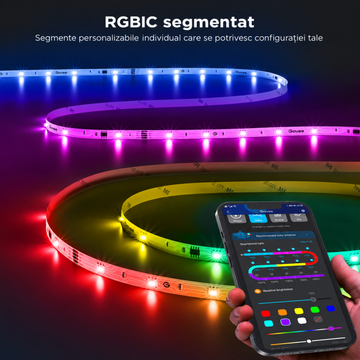 Banda LED RGBIC GOVEE® 20 m, control pe segmente, 16 milioane culori, sincronizare muzica, 64 moduri scena, aplicatie Bluetooth, lumini ambientala. [5]