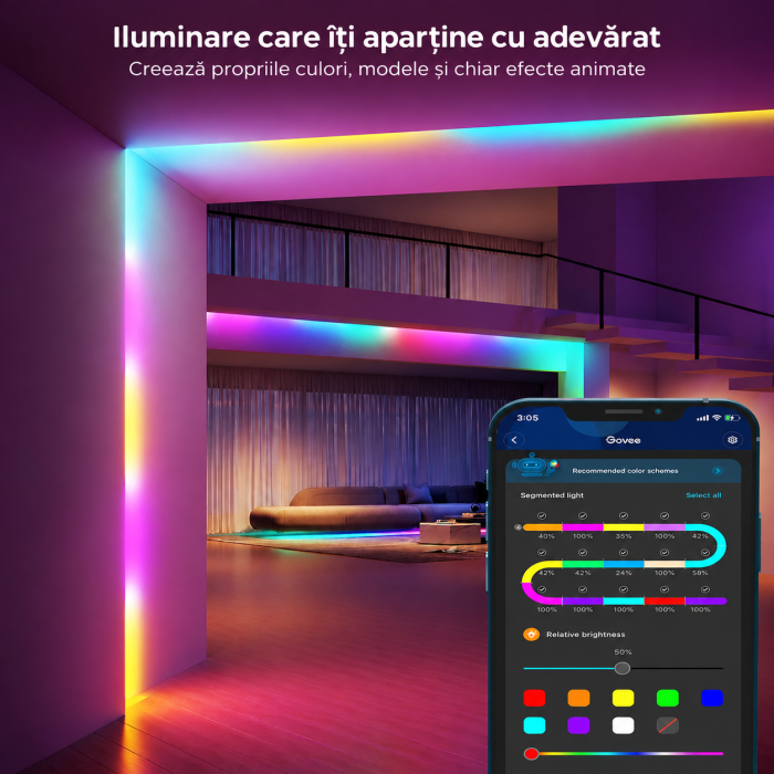 Banda LED RGBIC GOVEE® 20 m, control pe segmente, 16 milioane culori, sincronizare muzica, 64 moduri scena, aplicatie Bluetooth, lumini ambientala. [4]