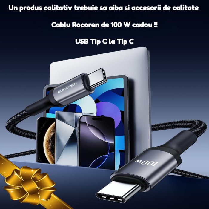 Baterie externa 20000 mAh Rocoren®, ultra fast charge 35W max power, acumulator cu tehnologie high speed PD 35W, powerbank cu incarcare rapida, indicator de nivel, cablu de incarcare 100 w, Negru [8]