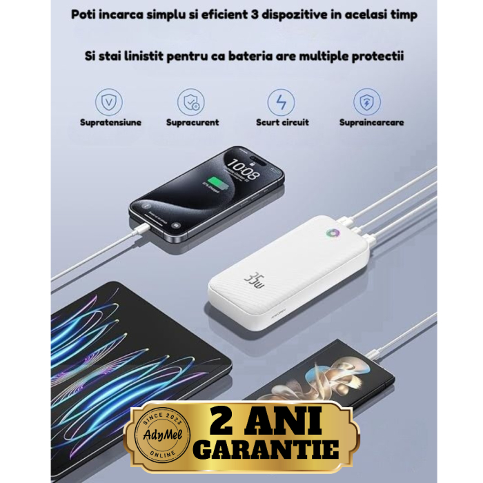 Baterie externa 20000 mAh Rocoren®, ultra fast charge 35W max power, acumulator cu tehnologie high speed PD 35W, powerbank cu incarcare rapida, indicator de nivel, cablu de incarcare 100 w, Negru [7]