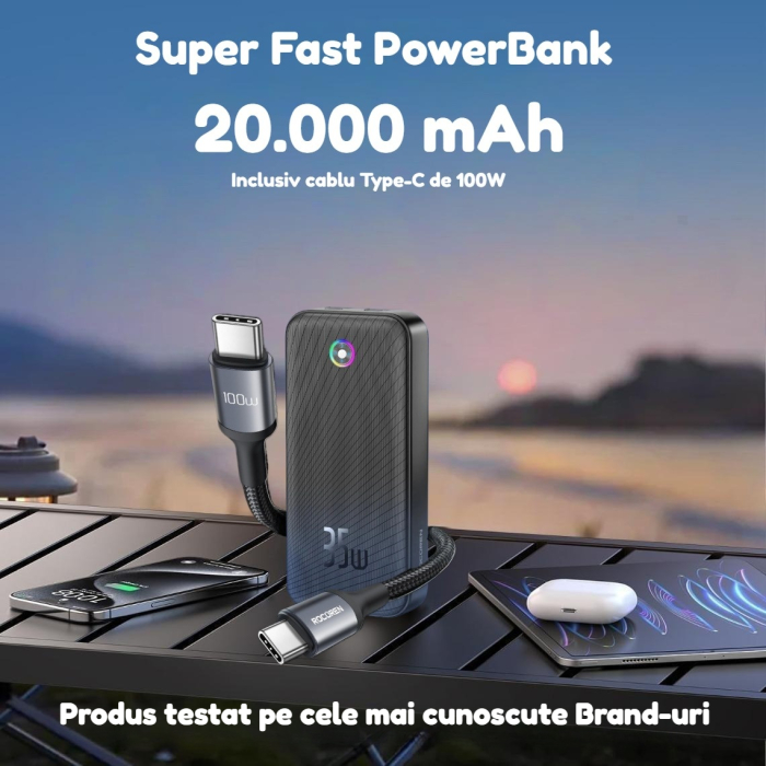 Baterie externa 20000 mAh Rocoren®, ultra fast charge 35W max power, acumulator cu tehnologie high speed PD 35W, powerbank cu incarcare rapida, indicator de nivel, cablu de incarcare 100 w, Negru [2]