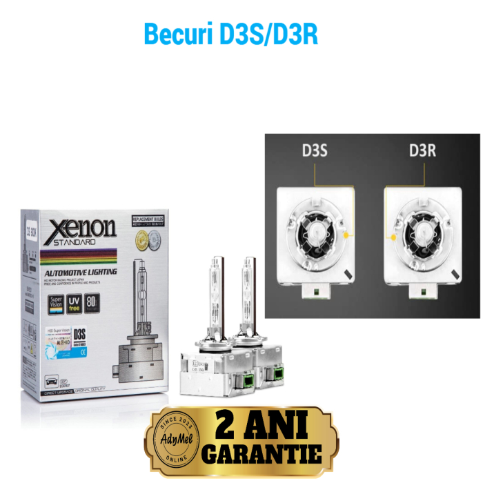Becuri xenon D3S pentru faruri auto AdyMel®, set 2 buc de inalta calitate, consum redus 35W, lumina alba 6000k, 4500LM, soclu metalic quick start, bixenon, faza lunga, scurta [2]