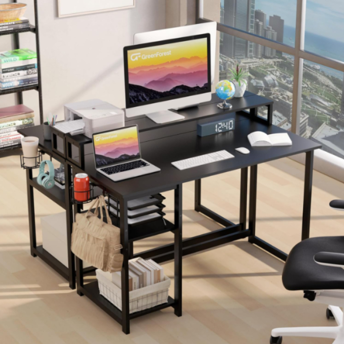 Birou GreenForest® 120x55x75 cm cu rafturi detasabile, suport monitor, structura metalica, ergonomic, multifunctional, negru. [2]