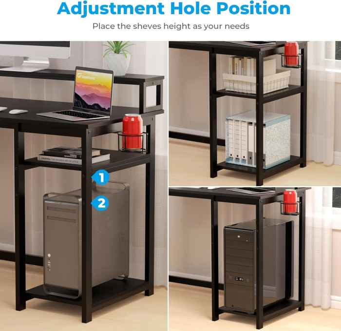 Birou GreenForest® 120x55x75 cm cu rafturi detasabile, suport monitor, structura metalica, ergonomic, multifunctional, negru. [3]