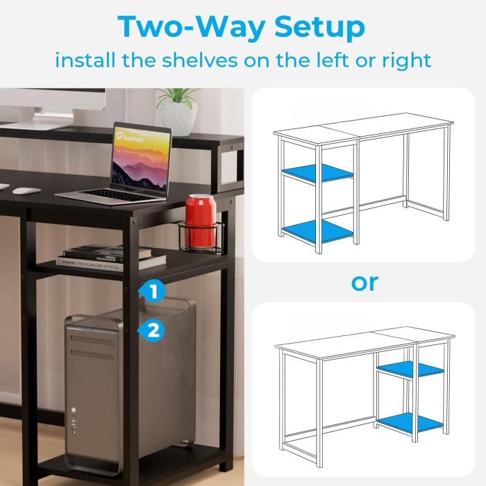 Birou GreenForest® 120x55x75 cm cu rafturi detasabile, suport monitor, structura metalica, ergonomic, multifunctional, negru. [4]