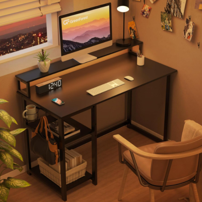 Birou GreenForest® 120x55x75 cm cu rafturi detasabile, suport monitor, structura metalica, ergonomic, multifunctional, negru. [7]