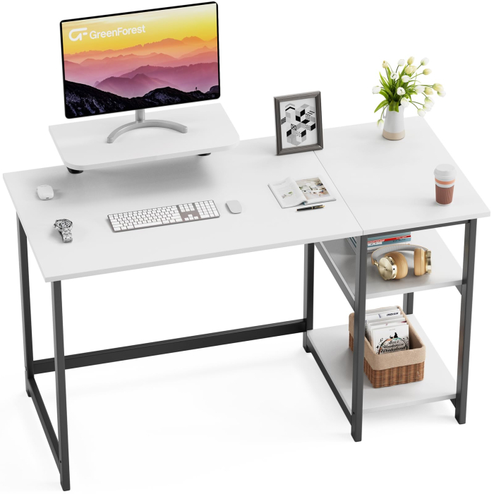 AM282 - Birou modern 100x50x75 cm cu spatiu de depozitare, masa PC cu rafturi detasabile, suport monitor, structura metalica stabila, design ergonomic si multifunctional pentru acasa, gaming, dormitor sau birou, alb [8]