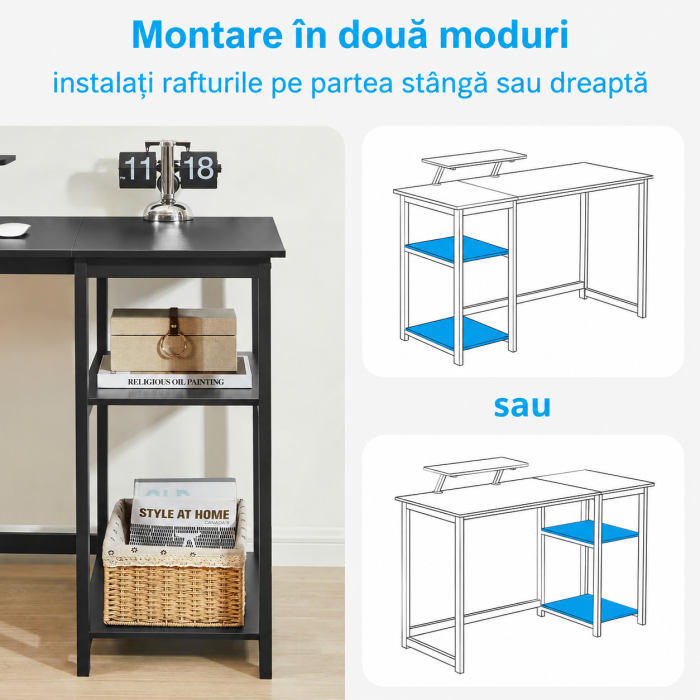 Birou modern 100×50×75 cm cu spațiu de depozitare, masă PC cu rafturi detașabile și suport monitor, structură metalică stabilă, ergonomic, negru. [2]