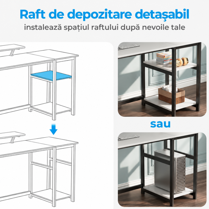 AM282 - Birou modern 100x50x75 cm cu spatiu de depozitare, masa PC cu rafturi detasabile, suport monitor, structura metalica stabila, design ergonomic si multifunctional pentru acasa, gaming, dormitor sau birou, alb [5]