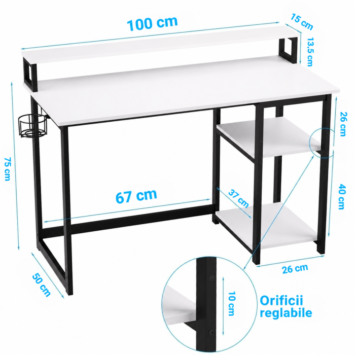 AM283 - Birou modern 100x50x75 cm cu spatiu de depozitare, masa PC cu rafturi detasabile, suport monitor, structura metalica stabila, design ergonomic si multifunctional pentru acasa, gaming, dormitor sau birou, alb [6]