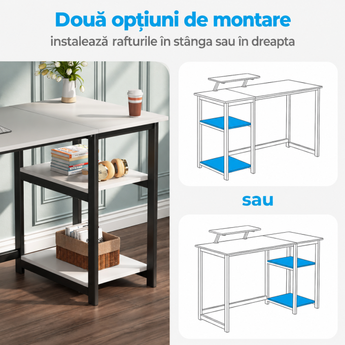 AM282 - Birou modern 100x50x75 cm cu spatiu de depozitare, masa PC cu rafturi detasabile, suport monitor, structura metalica stabila, design ergonomic si multifunctional pentru acasa, gaming, dormitor sau birou, alb [4]