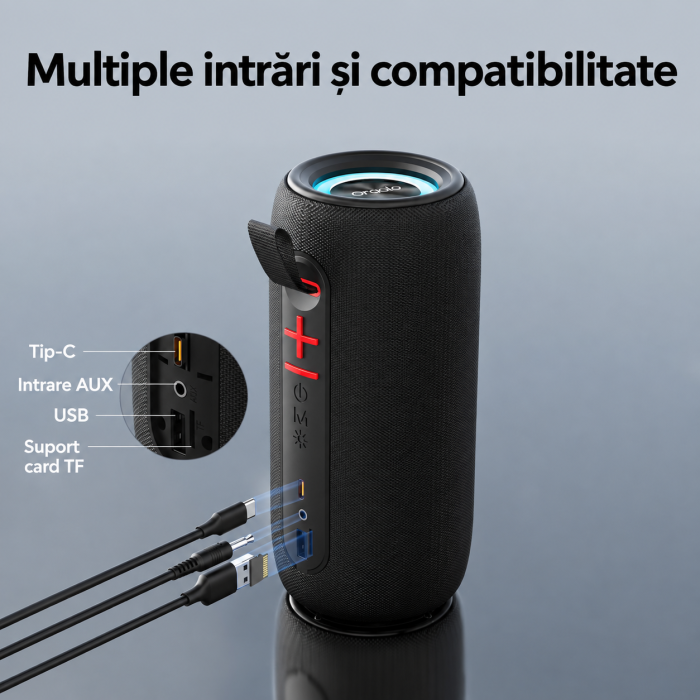 AM271 - Boxa portabila Oraolo® , 20 watt, Bluetooth 5.4, Functie TWS Pairing x 2, Rezistenta la apa IPX6, Acumulator, Lumini RGB, Type C, Conexiune AUX, Slot SD Card si USB, Negru [6]