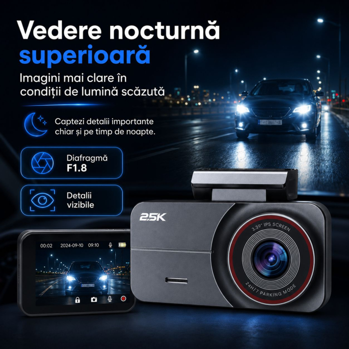 AM263 - Camera video auto fata si spate, camera dubla QHD 2.5K / 2560 x 1440P pentru masina, vedere nocturna superioara, inregistrare in bucla, ecran IPS de 3.39 inch, card de 64GB inclus, unghi larg de 160°, mod parcare 24h [7]