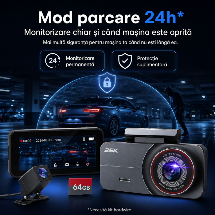 AM263 - Camera video auto fata si spate, camera dubla QHD 2.5K / 2560 x 1440P pentru masina, vedere nocturna superioara, inregistrare in bucla, ecran IPS de 3.39 inch, card de 64GB inclus, unghi larg de 160°, mod parcare 24h [8]