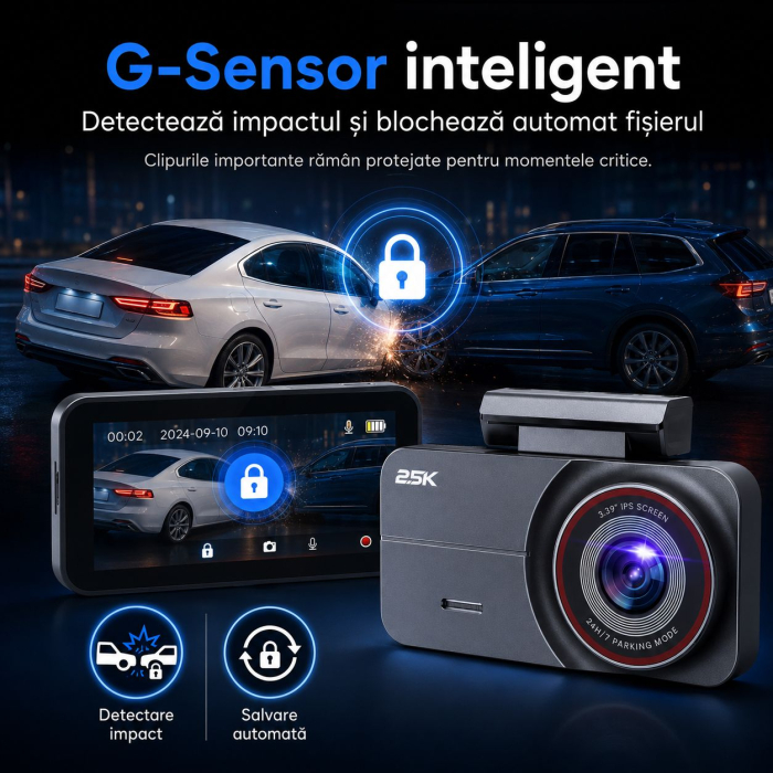 AM263 - Camera video auto fata si spate, camera dubla QHD 2.5K / 2560 x 1440P pentru masina, vedere nocturna superioara, inregistrare in bucla, ecran IPS de 3.39 inch, card de 64GB inclus, unghi larg de 160°, mod parcare 24h [6]