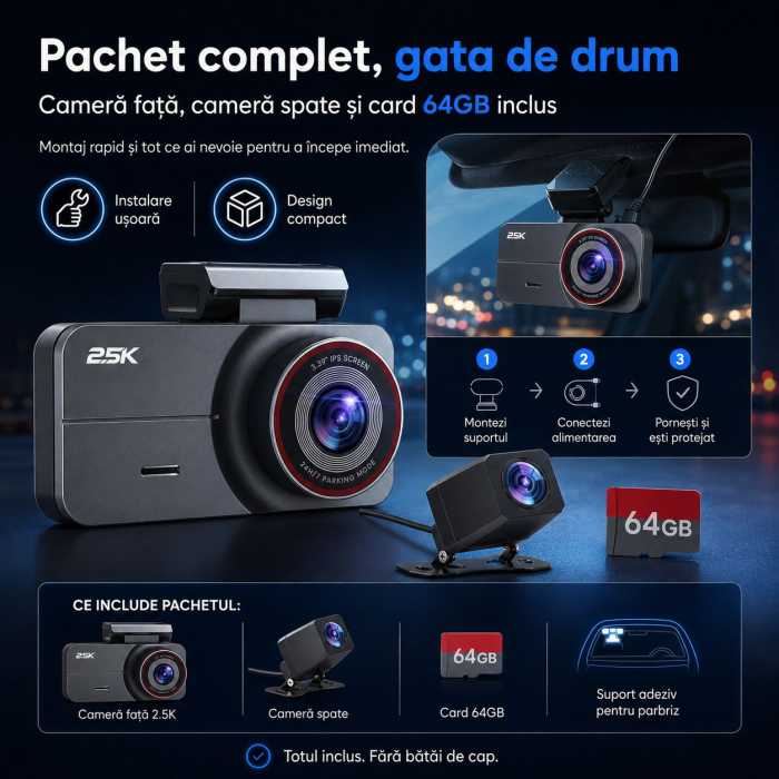 AM263 - Camera video auto fata si spate, camera dubla QHD 2.5K / 2560 x 1440P pentru masina, vedere nocturna superioara, inregistrare in bucla, ecran IPS de 3.39 inch, card de 64GB inclus, unghi larg de 160°, mod parcare 24h [2]
