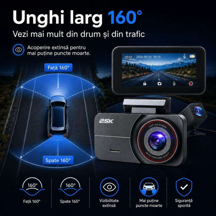 AM263 - Camera video auto fata si spate, camera dubla QHD 2.5K / 2560 x 1440P pentru masina, vedere nocturna superioara, inregistrare in bucla, ecran IPS de 3.39 inch, card de 64GB inclus, unghi larg de 160°, mod parcare 24h [9]