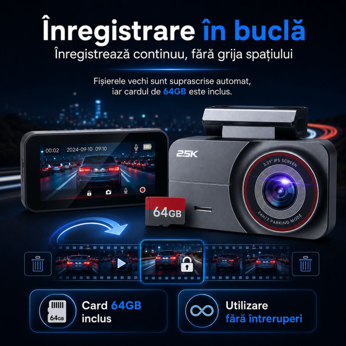 AM263 - Camera video auto fata si spate, camera dubla QHD 2.5K / 2560 x 1440P pentru masina, vedere nocturna superioara, inregistrare in bucla, ecran IPS de 3.39 inch, card de 64GB inclus, unghi larg de 160°, mod parcare 24h [5]