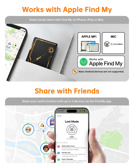Card Smart Tracker Bluetooth NOVOO Compatibil Apple Find My, Slim 1.6 mm, Baterie 6 Ani, IP68, 80 dB, urmaritor anti-pierder Portofel, Bagaje, Haine, Copii (iOS only) [5]