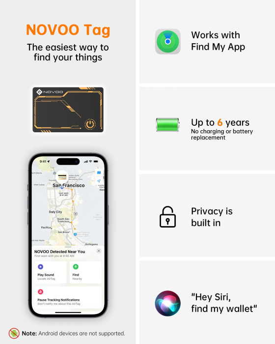 Card Smart Tracker Bluetooth NOVOO Compatibil Apple Find My, Slim 1.6 mm, Baterie 6 Ani, IP68, 80 dB, urmaritor anti-pierder Portofel, Bagaje, Haine, Copii (iOS only) [4]