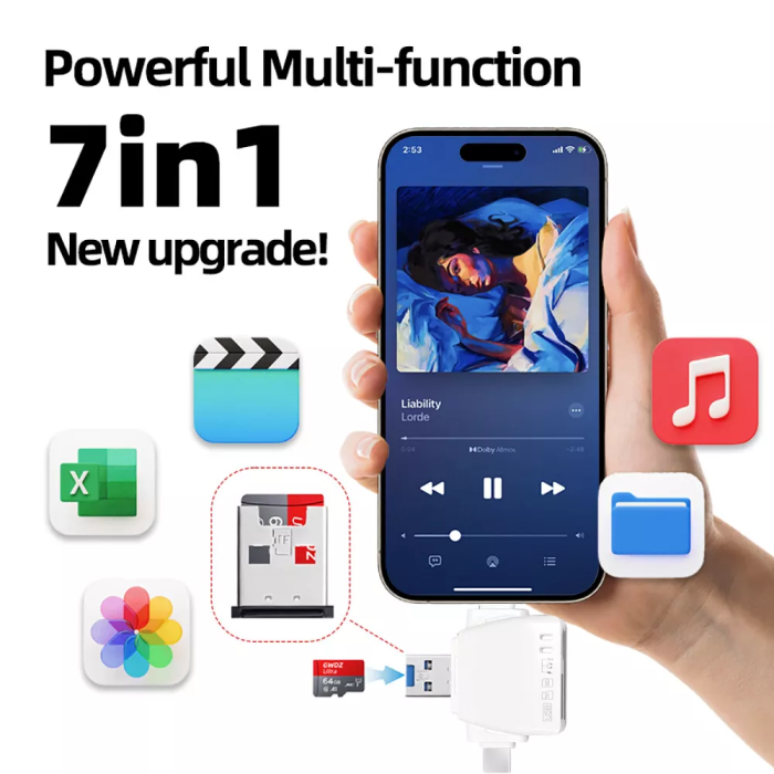 Cititor De Carduri 7 In 1 AdyMel®, Card Reader compatibil cu Apple, Samsung, Huawei, Xiaomi, Honor, USB 3.0, Adaptor cu Mufe tip Lighting, Type-C, Micro SD si SD, Alb [9]