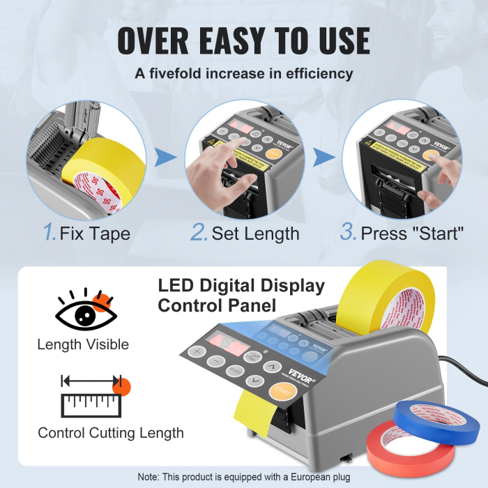 Dispenser automat cutter electric Vevor®, banda adeziva, banda satin, banda hartie, banda scotch, capacitate de taiere duala, setari de lungime personalizabile, priza eu, afisaj digital, mod automat si manual, cutter banda profesional [6]