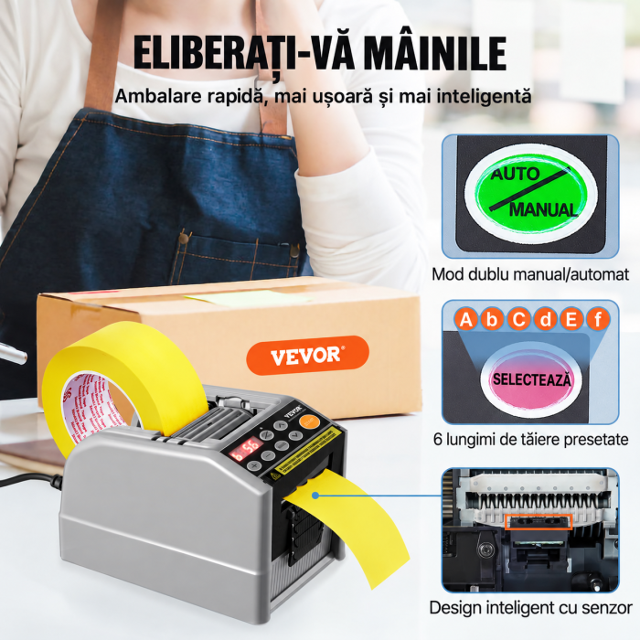 Dispenser automat cutter electric Vevor®, banda adeziva, banda satin, banda hartie, banda scotch, capacitate de taiere duala, setari de lungime personalizabile, priza eu, afisaj digital, mod automat si manual, cutter banda profesional [8]