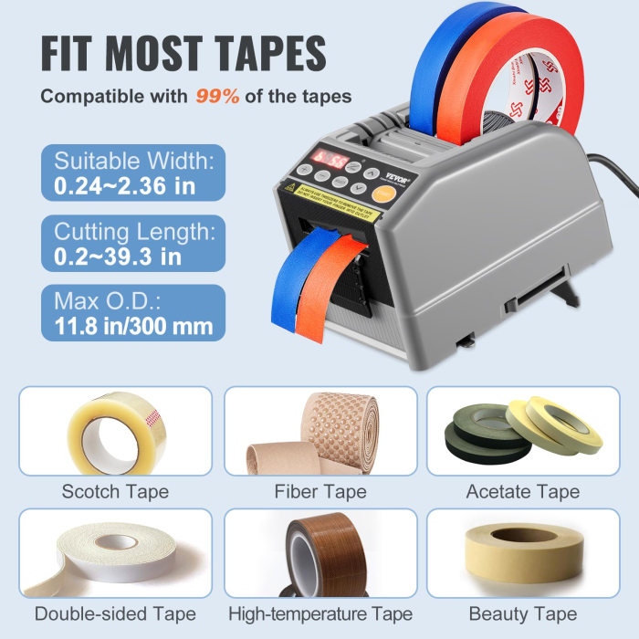 Dispenser automat cutter electric Vevor®, banda adeziva, banda satin, banda hartie, banda scotch, capacitate de taiere duala, setari de lungime personalizabile, priza eu, afisaj digital, mod automat si manual, cutter banda profesional [7]