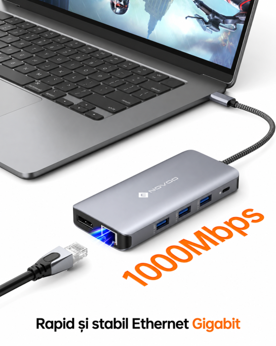 Docking Station USB-C NOVOO® RM11 Pro+, Adaptor hub 11 in 1, Triple Display 8K DP + Dual 4K HDMI, 100W PD, RJ45 Gigabit, 3x USB 3.0, USB 2.0, SD/TF, Compatibil Laptop, MacBook, Windows [5]