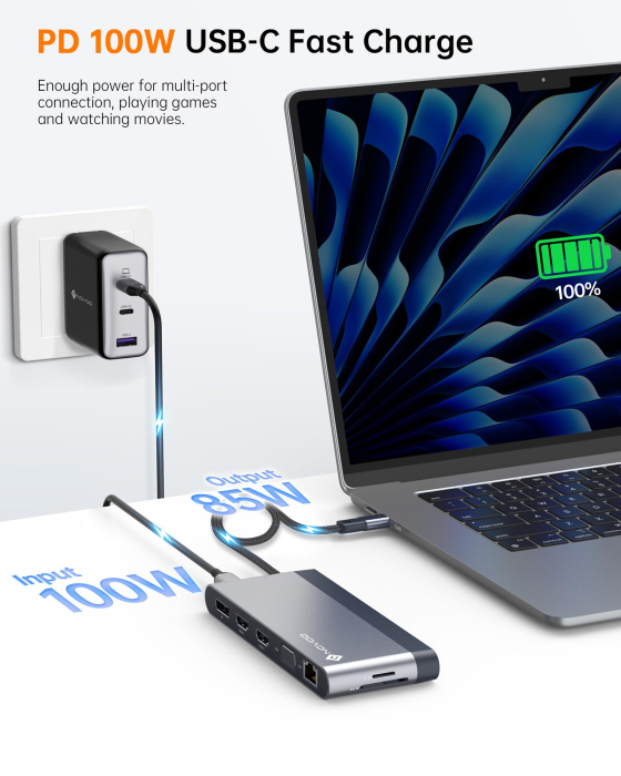 Docking Station USB-C NOVOO® RM14F, Adaptor hub 14 in 1, Quad Display 8K DP + Dual 4K HDMI, VGA, 5x USB 3.1, PD 100W, Ethernet Gigabit, SD/TF, Audio 3.5mm, Thunderbolt 3/4 Compatibil Laptop, MacBook, Windows [4]