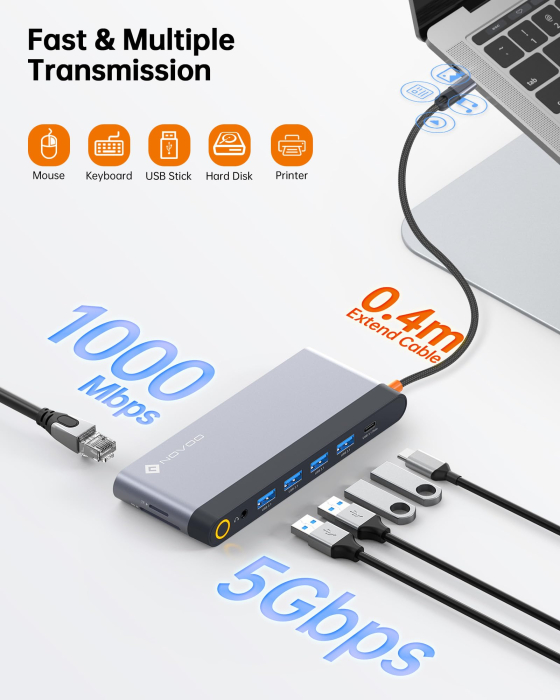 Docking Station USB-C NOVOO® RM14F, Adaptor hub 14 in 1, Quad Display 8K DP + Dual 4K HDMI, VGA, 5x USB 3.1, PD 100W, Ethernet Gigabit, SD/TF, Audio 3.5mm, Thunderbolt 3/4 Compatibil Laptop, MacBook, Windows [5]