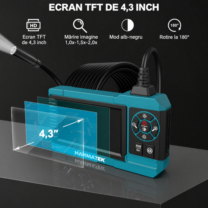 Endoscop industrial HANMATEK® 1080P – IP67, cablu 5 m, ecran 4,3", LED reglabil. [2]
