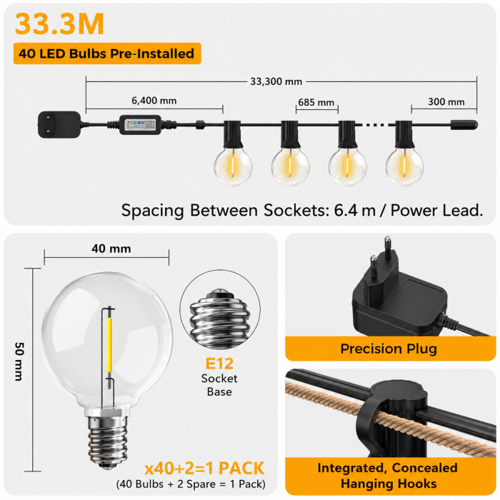 Ghirlanda Luminoasa Decorativa SMART LED IP44 33.3m Adymel®, 40+2 becuri LED G40 incluse, Control Aplicatie + Telecomanda, Timer Smart, exterior, lumina calda 2700K, Music Sync, potrivita pentru Craciun, Gradina, Terasa, Veranda, Foisor [2]