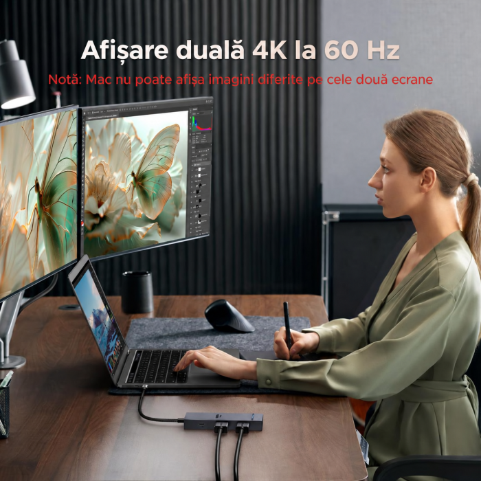 AM297 - Hub USB-C UGREEN Revodok Pro 207, 7 in 1, 2 x HDMI 4K 60Hz, PD 100W, 2 x USB 3.2 si 2 USB 3.2 Tip C 10Gbps, adaptor docking station pentru laptop MacBook, Windows, Android [5]